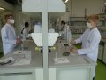 Mehere Jugendliche hinter einer Tischreihe in Labor